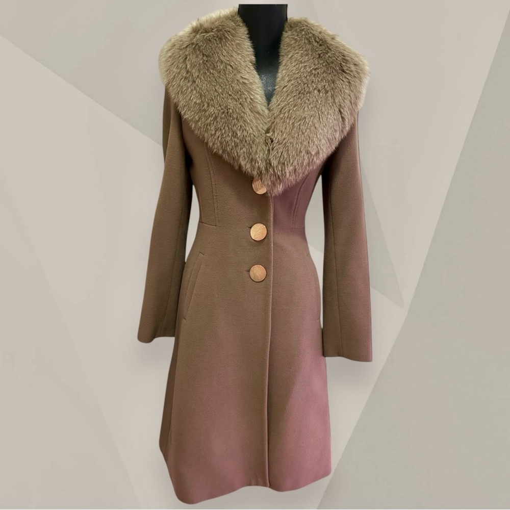 Wrap Wool Coat with Removable Genuine Fur Collar